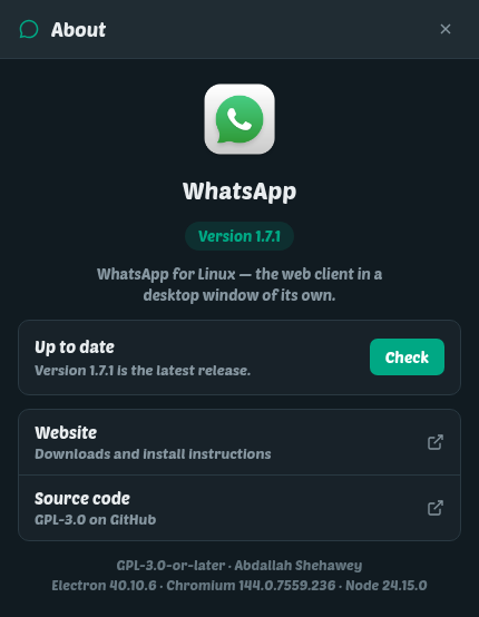 The whatsapp-desktop About window: the app icon, the name, the version running, an update row reading Up to date with a Check button, and rows linking to the website and the source code.