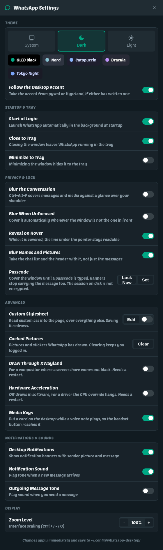 The whatsapp-desktop Settings window: a theme picked from System, Dark and Light; switches for start at login, close to tray and minimise to tray; switches for desktop notifications, the notification sound and the outgoing message tone; and a zoom level.